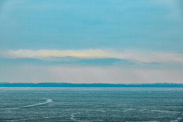 A frozen marshland with patches of dry grass and shrubs protruding through the icy surface. The distant shoreline fades into the cold, overcast sky, creating a serene winter scene.