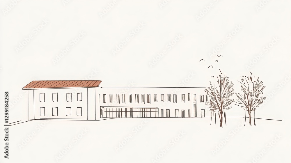 Poster simple house sketch with trees light brown and white minimalist architectural drawing using lines an