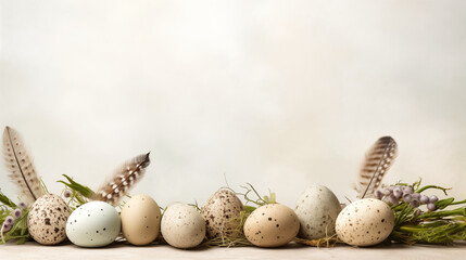 Obraz premium Colored easter eggs with natural materials and decor around them on light textured background with copy space. Colorful decorated easter eggs. Easter decor. Spring easter eggs.
