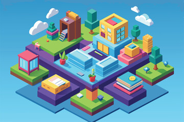 Explore an engaging isometric city layout featuring modern buildings, greenery, and playful design elements, My answer Customizable Isometric Illustration