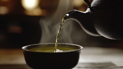 Traditional Japanese Cast Iron Teapot with Rising Steam and Green Tea