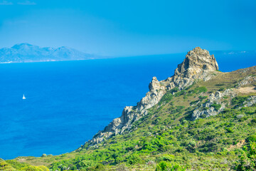 Fototapeta premium Kos island coastline from above, showcasing beaches and blue Aeg