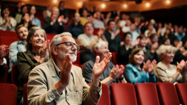 Joyful Senior Audience Applauding in Theater. An elderly man beams with joy as he claps amongst an appreciative audience in a cozy theater setting