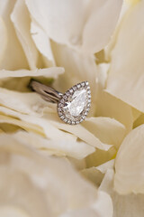 Pear shaped engagement ring on white rose petals
