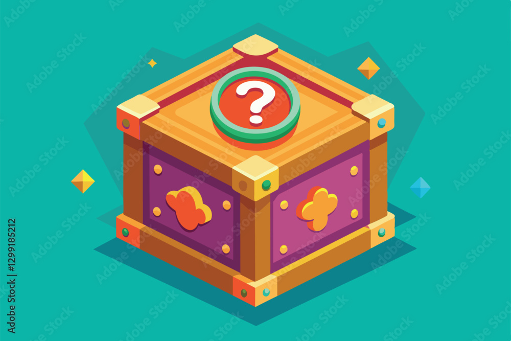 Aufkleber a colorful mystery box with unique patterns and a question mark, inviting curiosity and creativity, 