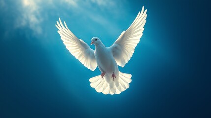 Fototapeta premium White dove soaring against a bright, blue sky with sunlight streaming through