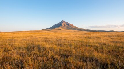 Fototapeta premium Solitary mountain peak rises above a vast golden grassland under a clear blue sky during warm evening light.