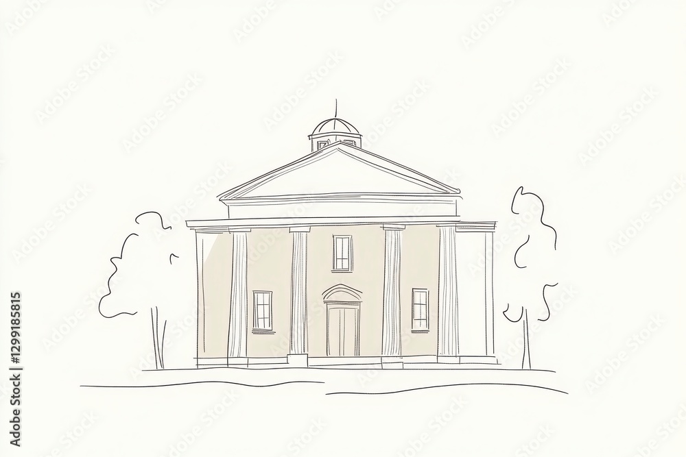 Aufkleber simple line drawing of a classical building with trees with columns and trees surrounding it in land