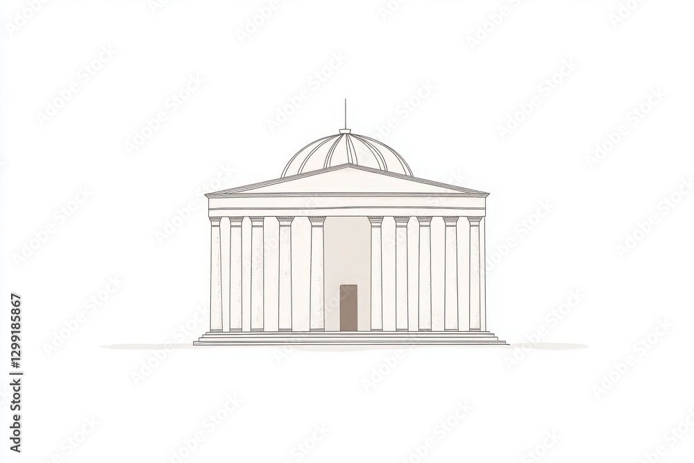 Poster simple line drawing of a classical white building with columns and dome