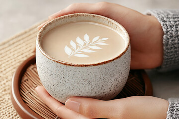 A person holds a ceramic cup of creamy latte with delicate leaf latte art. The scene exudes warmth and comfort, perfect for a relaxing coffee moment.
