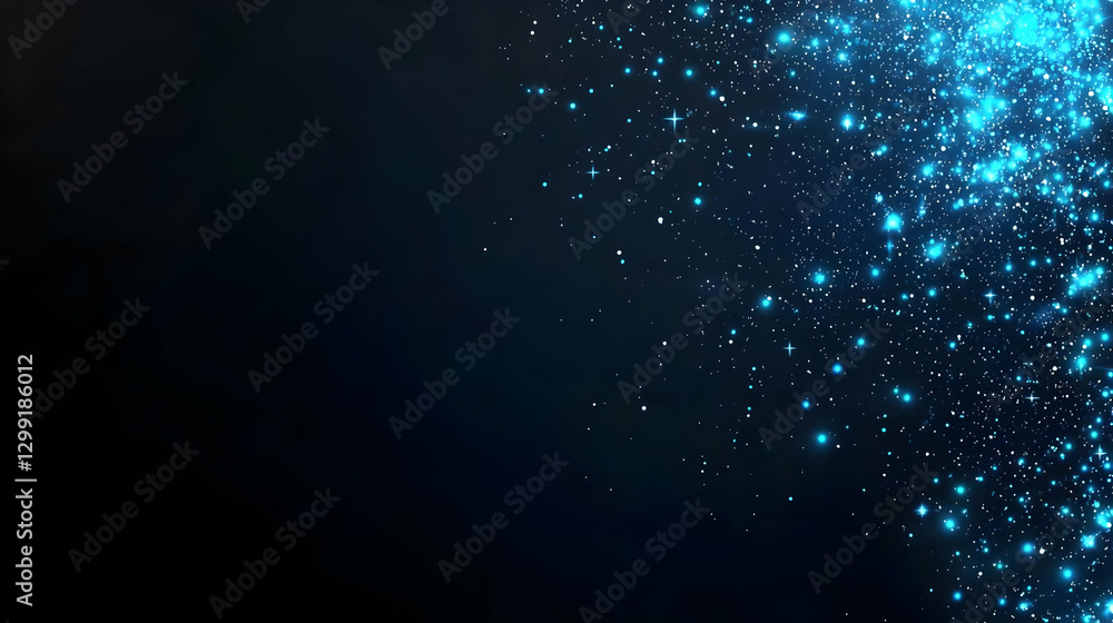 Poster abstract blue glittering particle background with dark space sparkle lights and bokeh effect