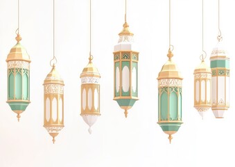 Obraz premium 3D cartoon illustration of hanging green and gold traditional Islamic lanterns with a Ramadan theme