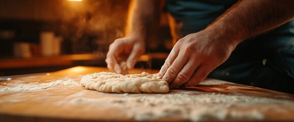 Artisan baker shaping fresh dough on floured wooden surface in warm light