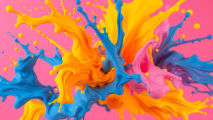 Obraz premium Vibrant splash of colorful paint exploding on a pink background, perfect for creative, artistic, or modern abstract design and art projects