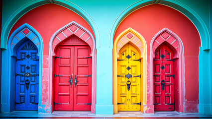 Obraz premium Vibrant colorful doors in blue, red, and yellow against a bold architectural backdrop creating a striking design for urban, travel, or design themes