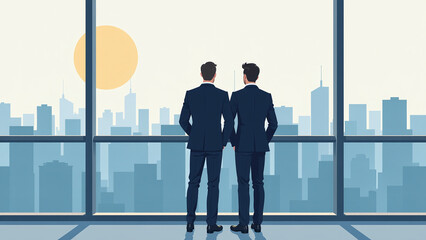 Fototapeta premium Men in suits stand together on a high office balcony with city views outside.