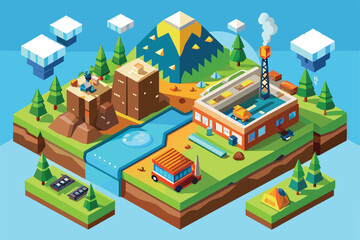 The isometric landscape showcases various activities related to natural resource management and depletion, Natural resource depletion Customizable Isometric Illustration