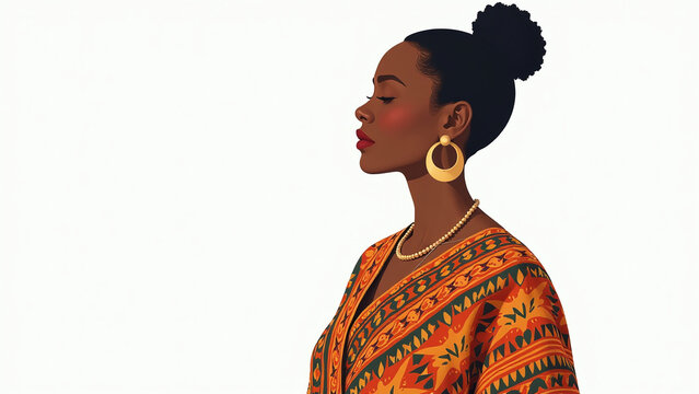 Mature African woman wears traditional Kente clothing on a plain white backdrop.
