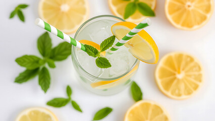 Refreshing lemonade with mint leaves and lemon slices on a white background, perfect for beverage, summer, or healthy drink themes