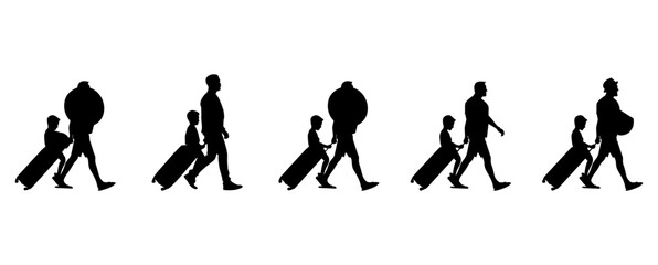 Silhouette of a boy carrying a suitcase vector set.