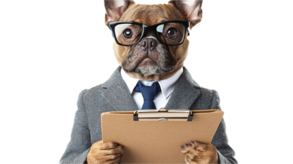 Legal consultant dog in business attire holding clipboard office setting professional environment engaging perspective