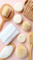 Pink background, bath products, wooden brushes, soap, towel, self-care