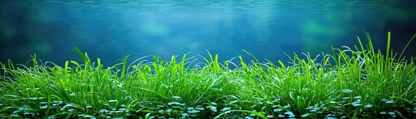 Underwater green grass, blue background, nature scene, aquarium design