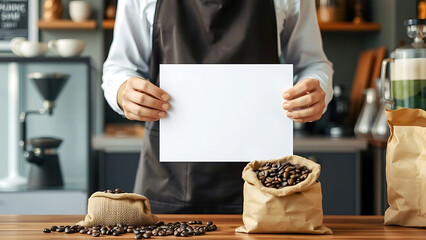 Coffee shop barista holding blank paper sign with coffee beans and equipment in the background, customizable template for branding or message