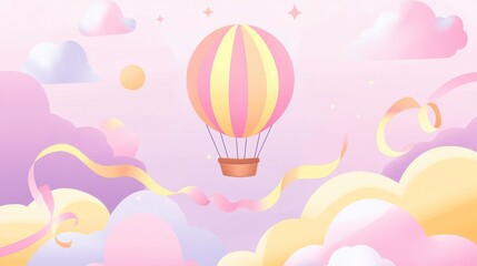 Obraz premium Pastel Hot Air Balloon in a Dreamy Sky: A Whimsical Cloud Illustration