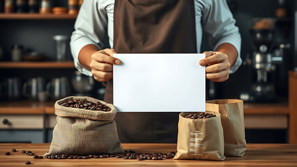 Coffee shop barista holding blank paper sign with coffee beans and equipment in the background, customizable template for branding or message