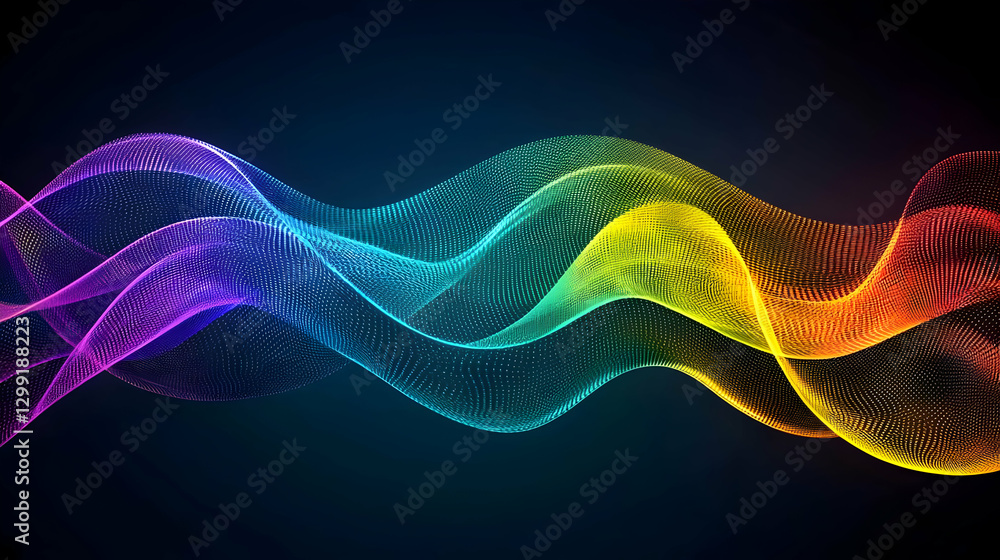 Poster abstract colorful wavy particle light display against dark background