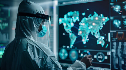 An advanced public health monitoring station tracking disease outbreaks via global AI systems.

