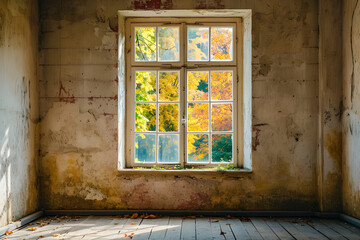 Window to Autumn: An old window frames a vibrant display of autumnal foliage, casting warm light into a dilapidated room, creating a stark contrast of nature's beauty and the passage of time