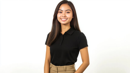 A lovely Filipina intern in a black polo shirt and khaki pants. Isolated on a white background, full body photo.