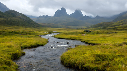 Serene river flows through green valley, mountains under cloudy sky; travel landscape