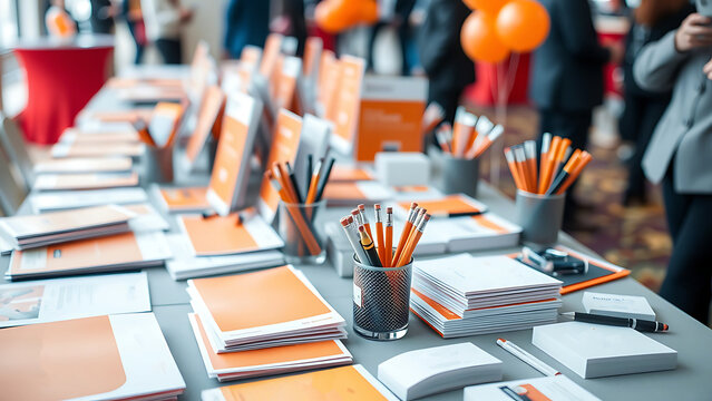 Conference setup with notebooks, pencils, and office supplies organized on a table ready for professional meetings and presentations modern office
