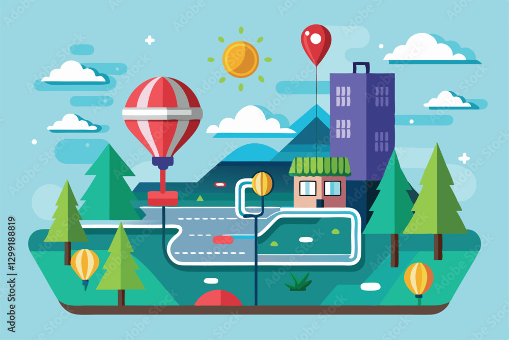 Poster a colorful landscape showcases a customizable navigation interface with a house, trees, and a hot ai