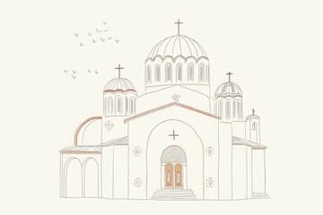 Fototapeta premium Simple White Church Drawing Minimalist Architecture Illustration by an Artist with Simple Lines and Geometric Shapes. A Place of Worship with Religious Symbols. Vector Image of a Clean Design