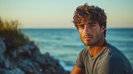 Handsome man in t-shirt standing at beach