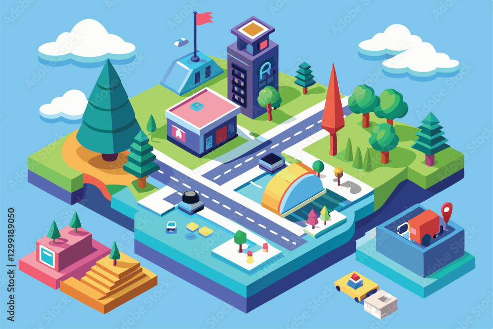 Poster a colorful isometric view illustrates a city layout with customizable navigation elements and landma