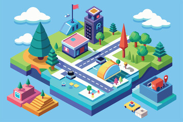 Obraz premium A colorful isometric view illustrates a city layout with customizable navigation elements and landmarks, Navigation Customizable Isometric Illustration