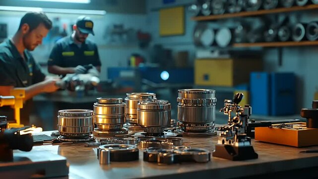 Skilled technicians working on precision automotive parts in a well-equipped workshop with tools