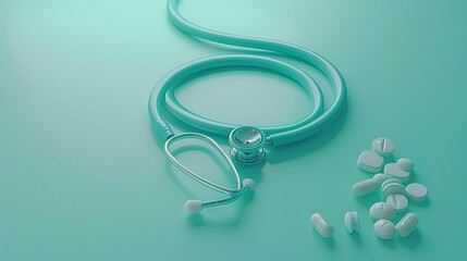 Naklejka premium Aerial view of stethoscope on cyan background with 3d family icons for health insurance concept
