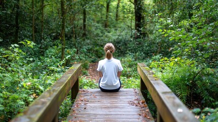 Woman sits on forest bridge, peaceful nature scene, contemplation, relaxation