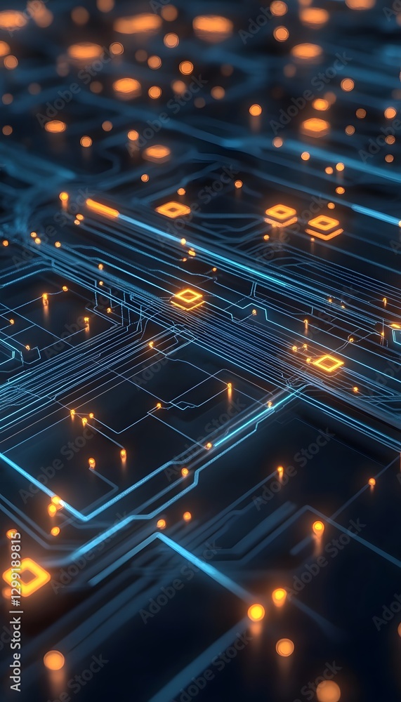 Poster illuminated circuit board with interconnected lines and glowing components