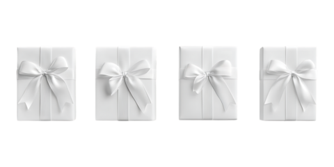 Elegant white gift boxes with ribbons against a transparent background for luxury branding and festive designs