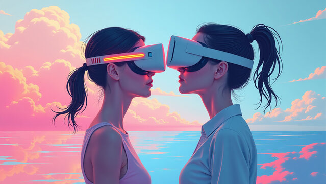 Women immersed in a futuristic virtual reality world of endless possibilities and endless freedom.