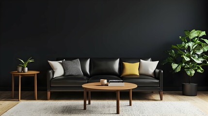 Fototapeta premium Modern Living Room Interior With Black Wall Black Leather Sofa Wooden Tables And Decorative Plants