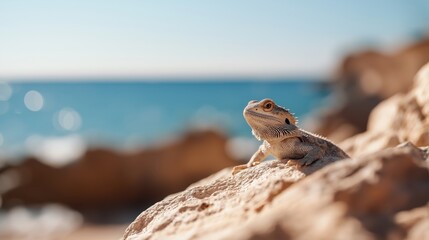 Obraz premium Desert lizard basking in the sun on a rocky beach background
