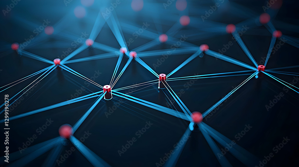 Poster abstract network of blue lines connecting red nodes on black background